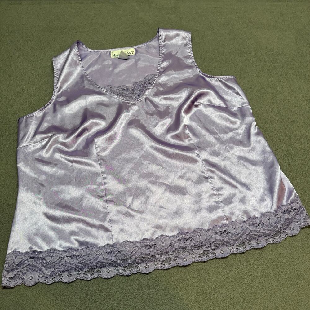 Vtg Y2K 00s Fairy Lace Trim Satin Coquette Cami Tank Top 18W Denim 24/7 Lavender